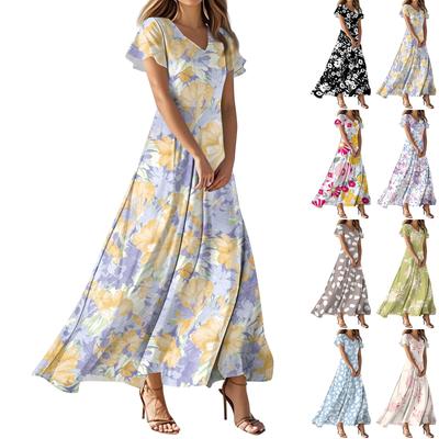 Женские летние повседневные модные платья с цветочным принтом, платья с V-образным вырезом и коротким рукавом