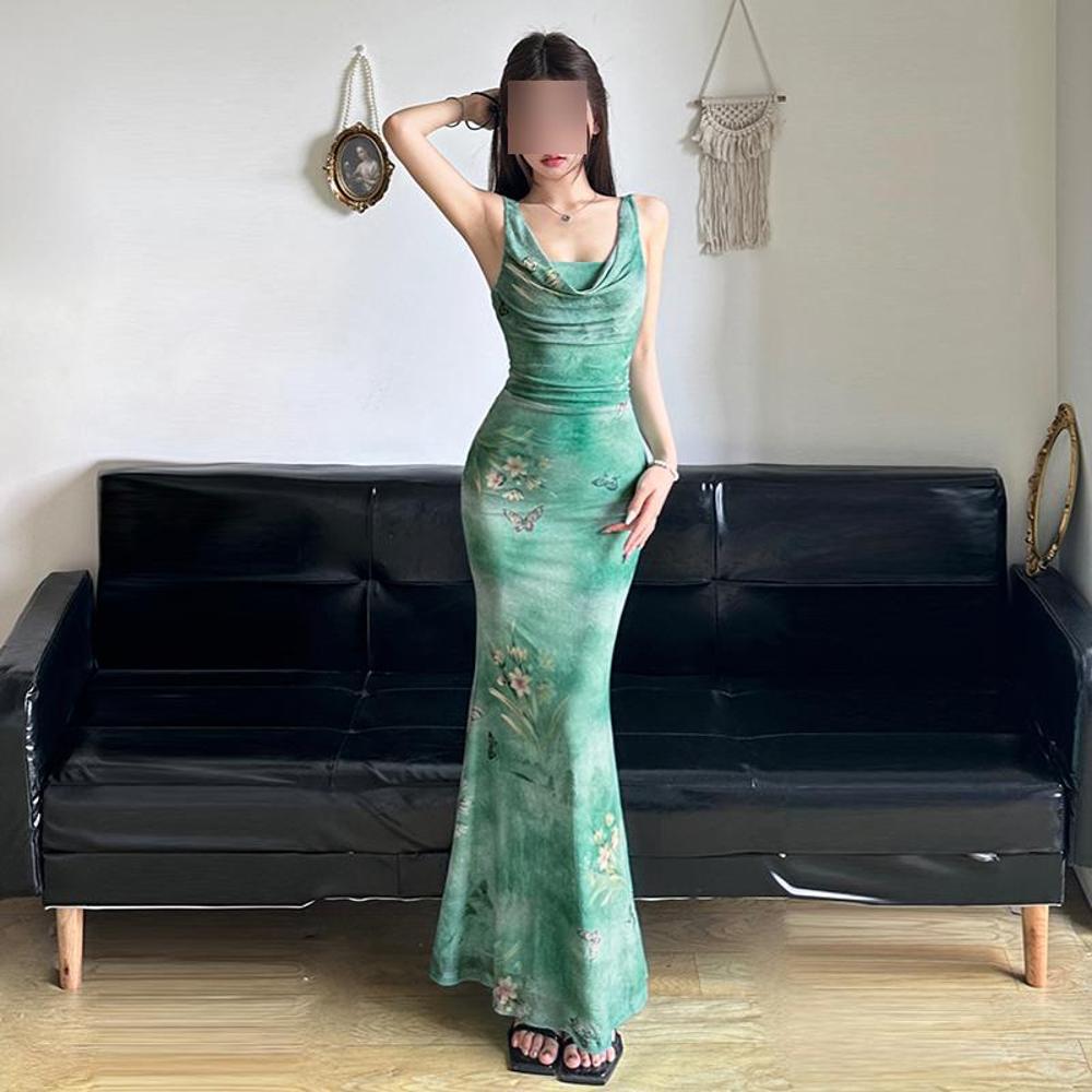 Французская Spice Girl Весенний карман на груди Воротник Талия Облегающая Юбка Годе Длинная юбка Мори Размытый принт бабочки Сетчатый сарафан