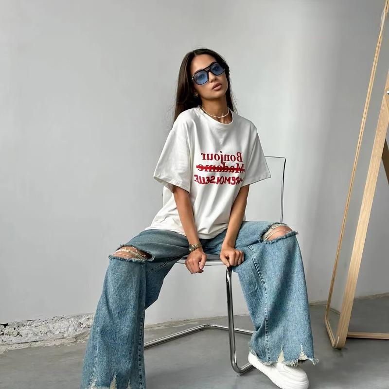 Футболка с принтом Simplicity Letter, хлопковая, женская, летняя, белая, свободная, с коротким рукавом и круглым вырезом, повседневная, базовая женская одежда