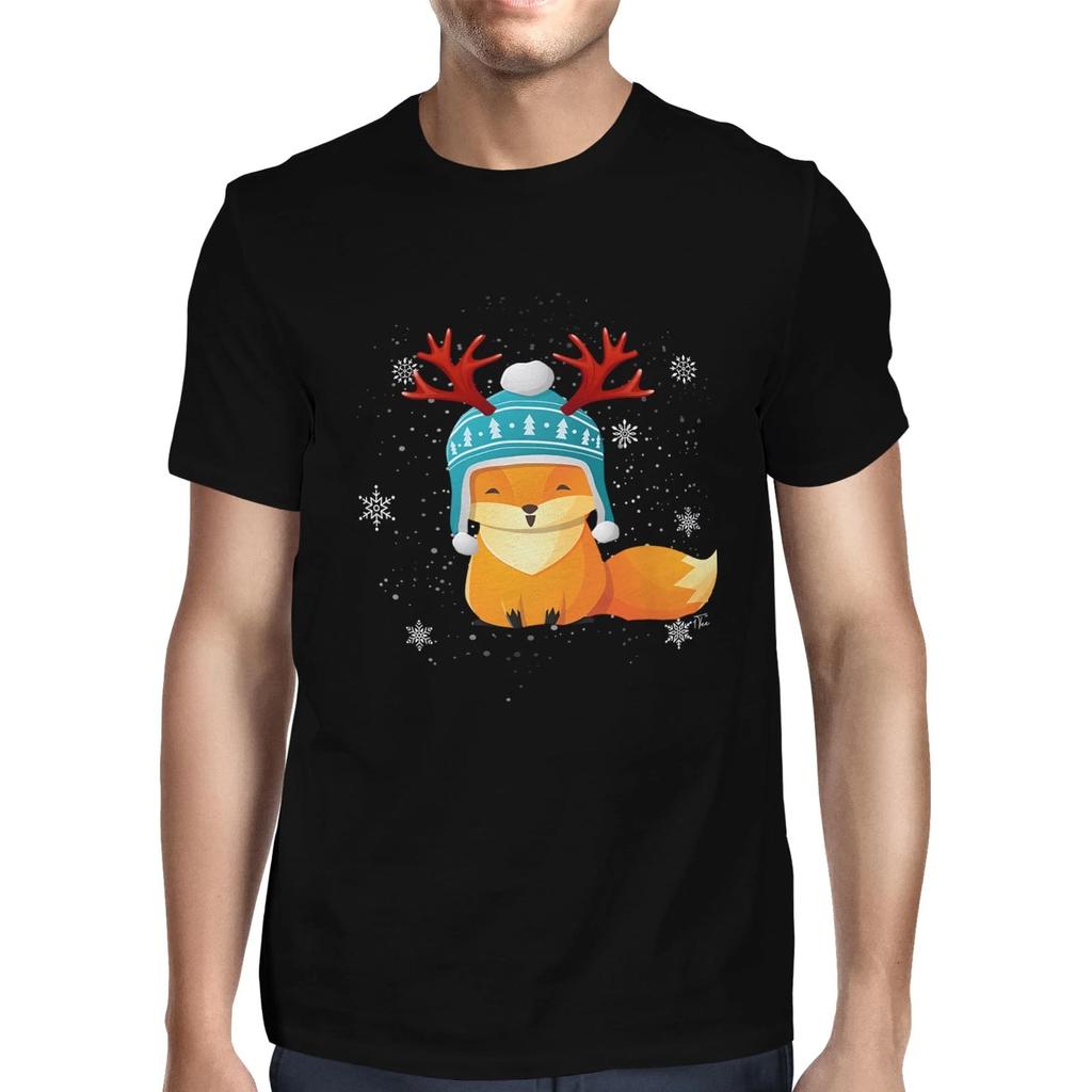 1Tee Mens Cute Christmas Fox Wearing Hat with Reindeer Antlers T-Shirt