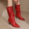 Trendy Women Pleated Blue Denim Jeans Boots Spike Heels Pointy Toe Knee-high Boots Shoes Autumn Winter Red Black White Pink