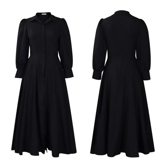 Women's Button Down T-Shirt Dress Casual Long Sleeve Maxi Dress Flowy Lapel A-line Long Dress with Pockets