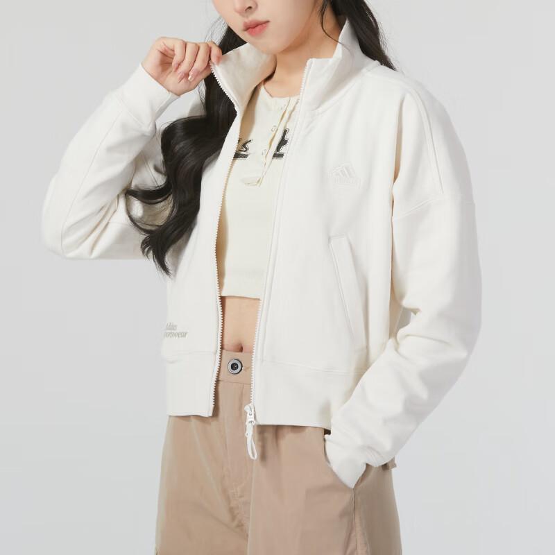 Adidas Однотонная женская куртка с длинным рукавом и логотипом, воротником-стойкой, белая IM8850