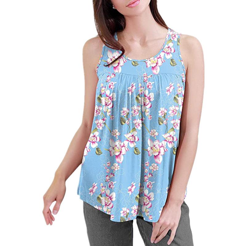 IHUASU Summer Women's Print Round Neck Retraction Sleeveless Tank Top T-shirt