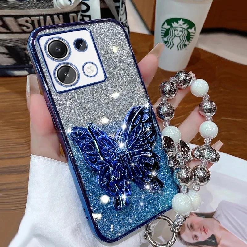 3D Butterfly Phone Holder Bead Bracelet Glitter Plating Case for Xiaomi Redmi Note 13 12 11 10 9 8 11S 10S 9S Pro Plus 4G 5G