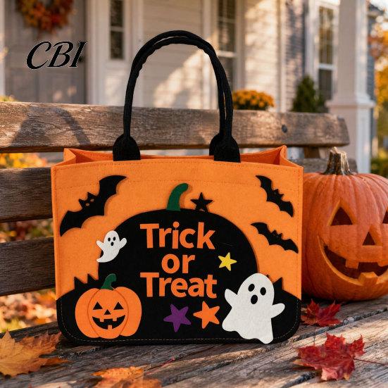 Kids Candy Collecting Bag Halloween Trick or Treat Bag, Felt Goodie with Pumpkin Ghost Patches, Durable Tote Large for Kids, Party Favor, Haunted
