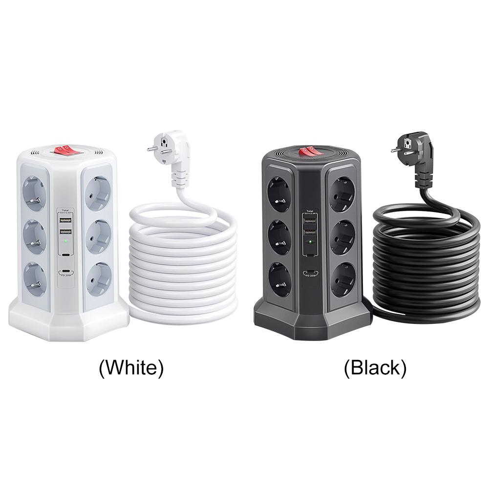 Сетевой фильтр 12 бит с защитой от перенапряжения 4000 Вт 16 А с удлинительным кабелем 1,8 м, 2 порта USB A и 2 порта USB C PD20 Вт, верхний переключатель