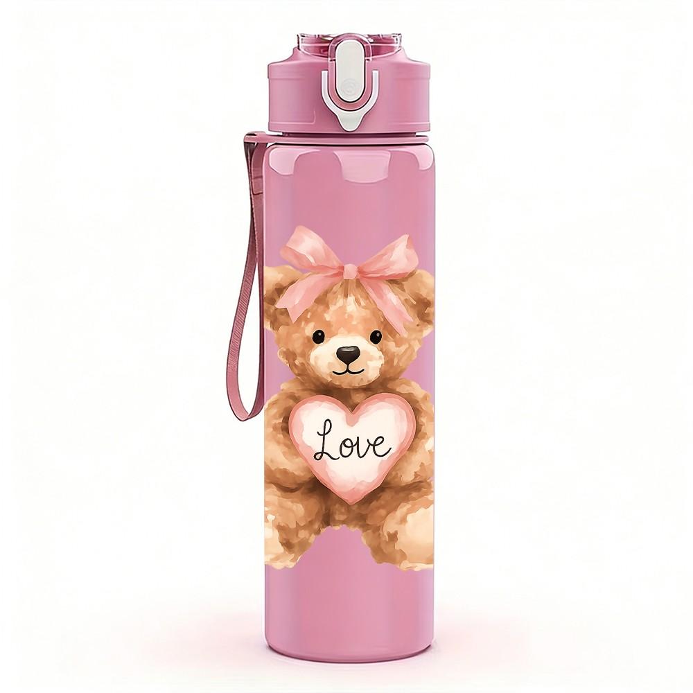 1PC Pink Love Teddy Bear Cartoon 750ml Color Plastic Sports Water Bottle Leakproof Flip Straw Lid Suitable for Sports Office Home Use