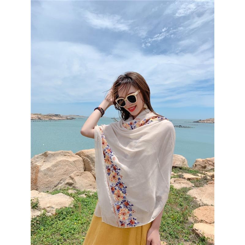 Ethnic Style Embroidered Thin Scarf Sun Protection Shawl For Beach Travel Vacation