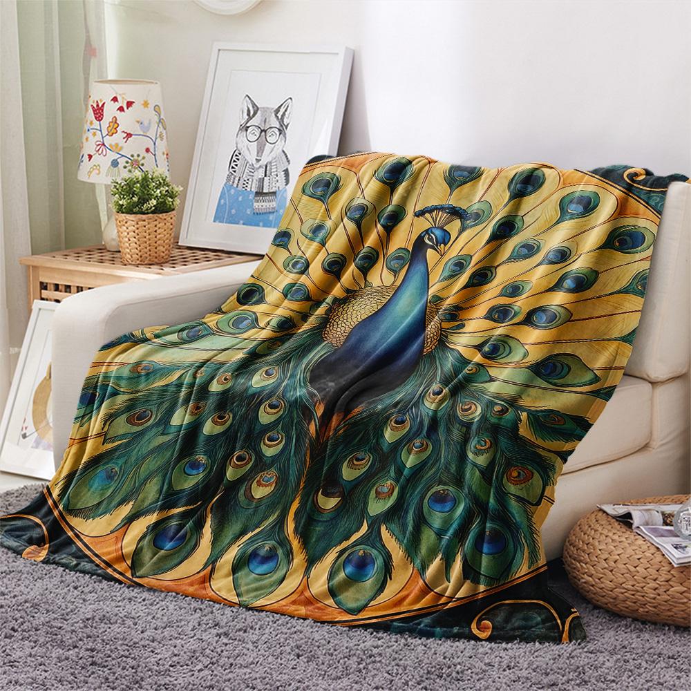 Peacock with Fanned Tail Print Flannel Blanket, High quality Comfortable for All Seasons, Home Decor, Warmth and Comfort