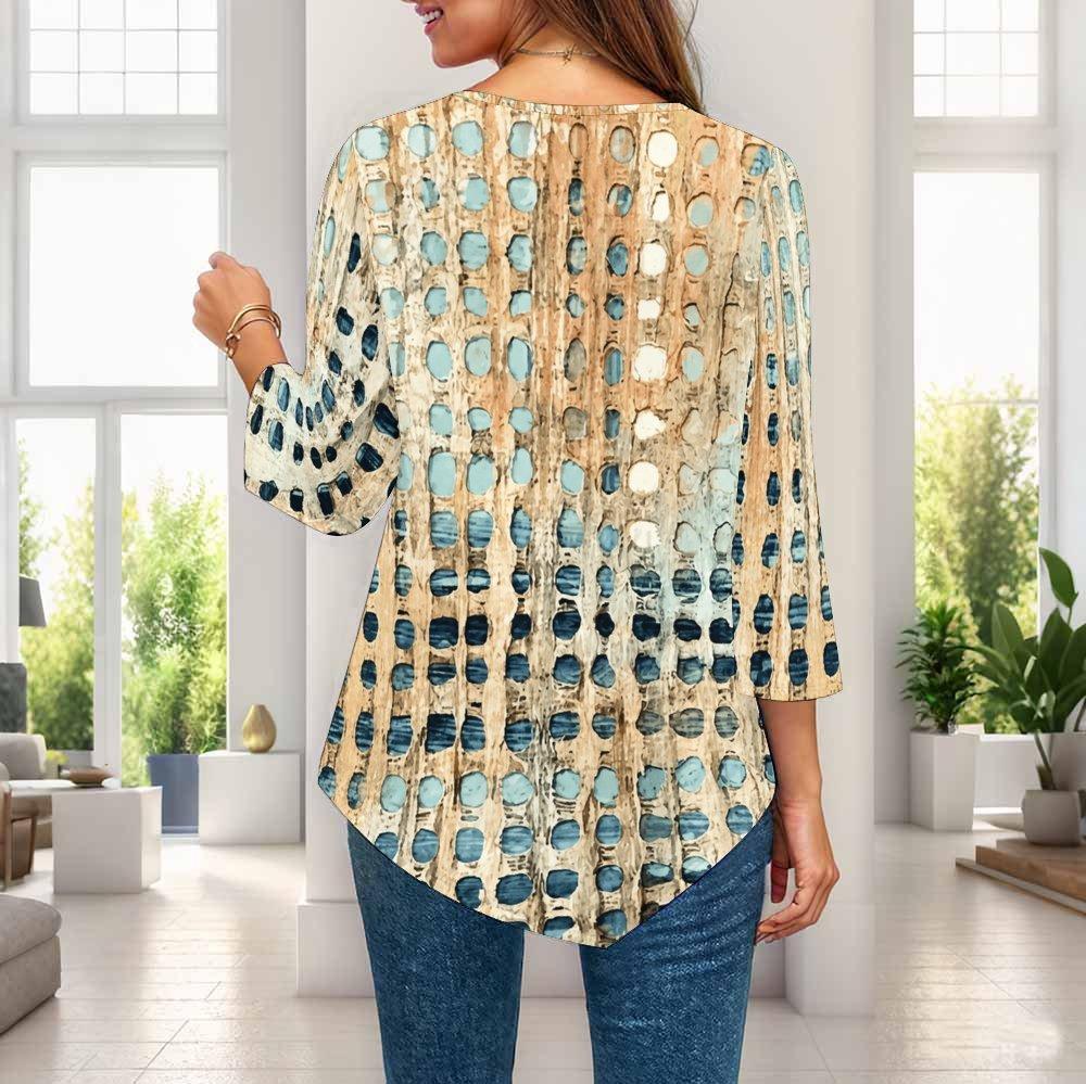 Женский топ большого размера с круглым вырезом, рукавом три четверти, ярким геометрическим принтом и заостренным подолом