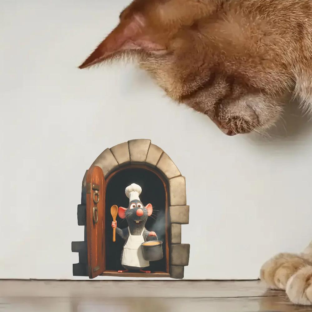 Мультяшная мышь-повар у норки Настенная наклейка для кухни, столовой, домашнего декора Самоклеящаяся съемная декаль