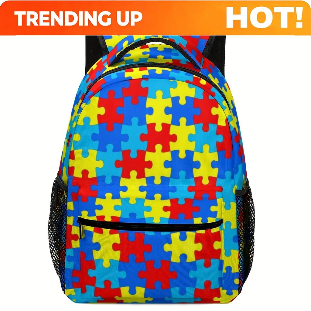 Custom Opaque Colourful Puzzle Piece Autism Awareness Fashionable Printed Backpack, Lightweight And Durable Fabric, With Adjusta