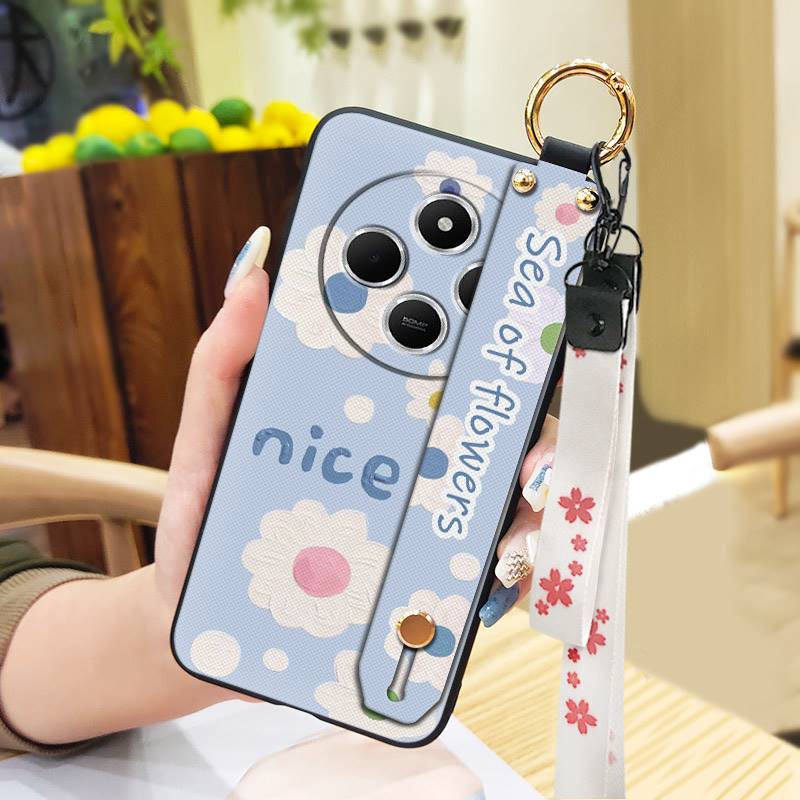 Silicone Soft Case Phone Case For Redmi A4 5G Wrist Strap Ring Kickstand Flower Anti-dust Lanyard Phone Holder Durable