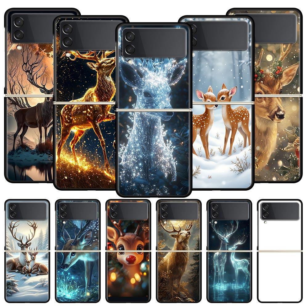 Cartoon Animal Deer Hard PC Phone Case For Samsung Galaxy Z Flip 7 6 5 4 Black Cover For Galaxy Z Flip 3 Foldable Shell Fundas