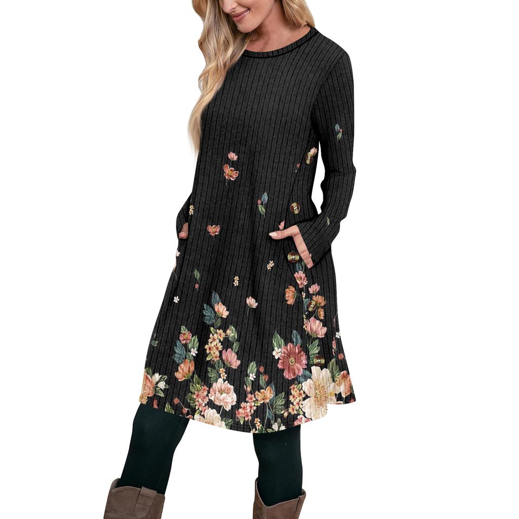 Женское модное повседневное платье-туника с длинным рукавом и карманами, платье с боковыми пуговицами