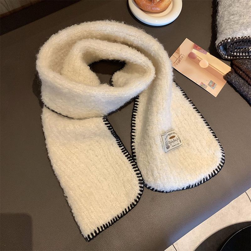 New Style Knitted Contrasting Edged Scarf for Women High End Retro Thickened and Warm Korean Version All Match Scarf for Winter