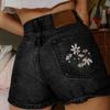Short Pants Women Jeans Shorts Denim Pant Trousers Embroidery Floral High Waist Casual Regular Pockets Splice Autumn