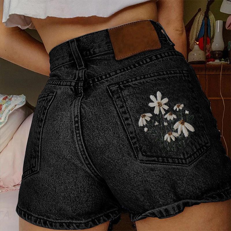 Short Pants Women Jeans Shorts Denim Pant Trousers Embroidery Floral High Waist Casual Regular Pockets Splice Autumn