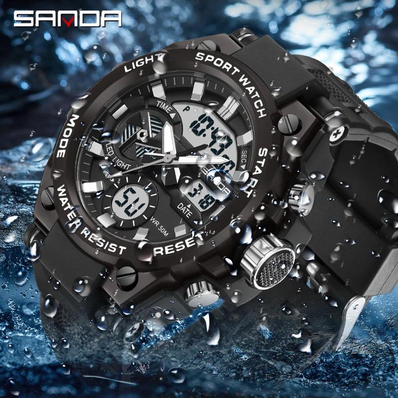 Спортивные часы SANDA G-style для мужчин 50M Водонепроницаемые LED Часы Будильник Двойной дисплей Кварцевые Наручные часы Военные Устойчивые Мужские Часы