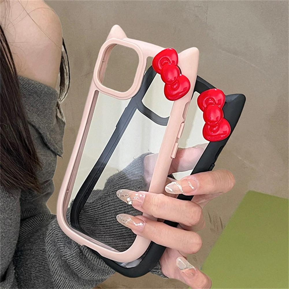 Милый 3D Бантик Кошачьи Ушки Прозрачный Чехол для iPhone 16 Pro 15 14 13 11 12 Pro Max 15 Plus X XR XS Корейский Милый Девушка Силиконовый Чехол