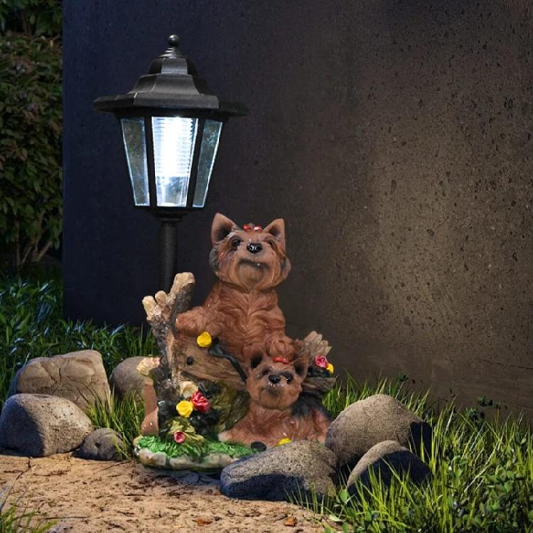 Realistic Resin Dog Garden Decoration with Solar Lighting Hand Painted Dog Figurine for Porch and Balcony Yard Ornament