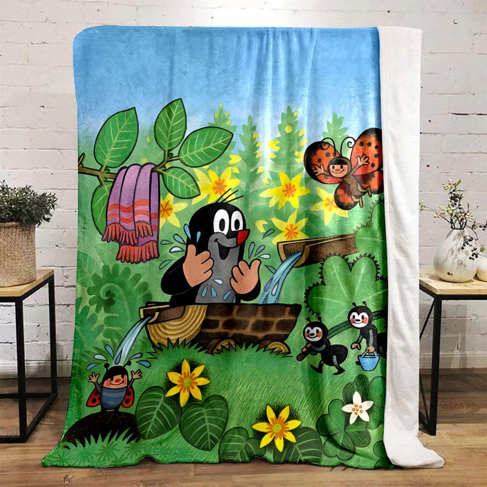 A cheerful mole bathes in a wooden tub among vibrant nature and insects. for all seasons blanket lunch break throw gift