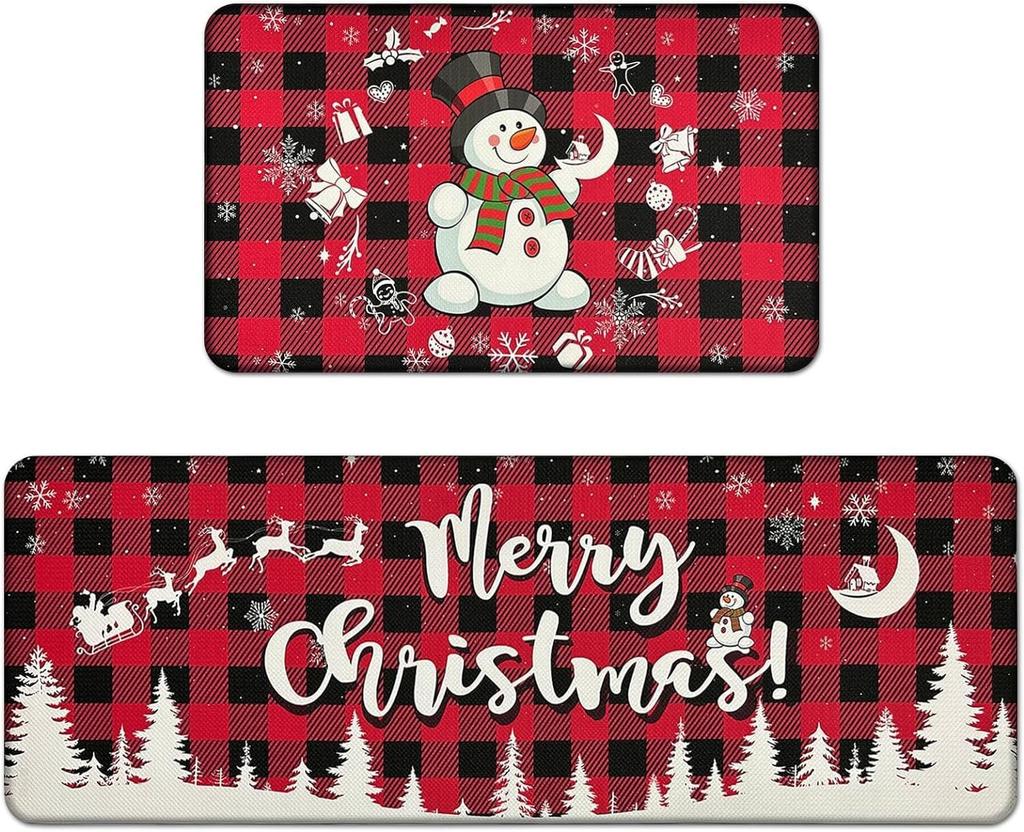 Christmas Kitchen Mats for Floor, Christmas Kitchen Rugs Set of 2 - Farmhouse Truck Red Buffalo Plaid Christmas Kitchen Decor