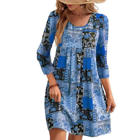 Женское весеннее платье в стиле ретро с этническим принтом, длинным рукавом и круглым вырезом, свободный пуловер, мягкий дышащий женский мини-платье длиной выше колена