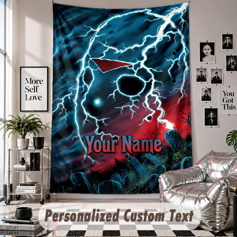 Custom Tapestry Wall Hanging, Friday the 13th Jason Voorhees Personalized Name Text Home Wall Decor