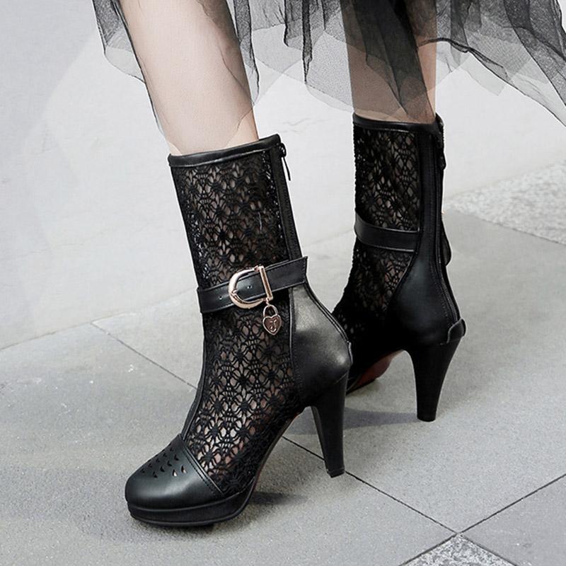 Q/женские короткие сапоги на высоком каблуке, сексуальная водонепроницаемая платформа, большие классные ботинки на тонком каблуке с полыми отверстиями