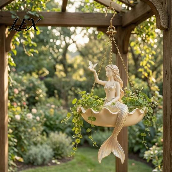 Vintage Style Hanging Basin Fairy Ballet Dancer Mermaid Planter, Resin Decorative Flower Pot with Metal Chain, Wall Vase Outdoor Indoor Garden