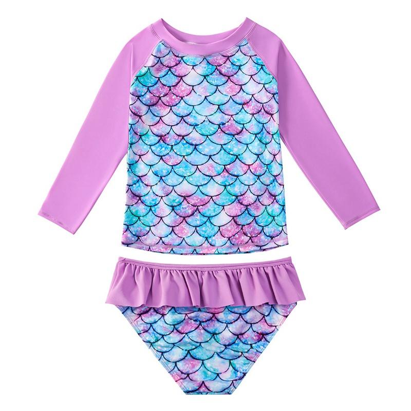 Girls' Two-Piece Split Swimsuit Sweet Long Sleeve Cartoon Fish Scale Print Pullover With Ruffle Briefs Swimwear Set Beach Wear
