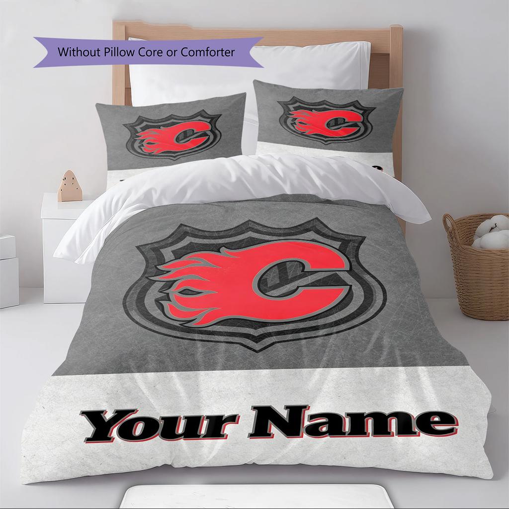 Name Custom Calgary Flames Art Pattern Bedding Set Quilt Cover Pillowcase Home Decor Gift (1 * duvet cover + 2 * pillowcase, without core)