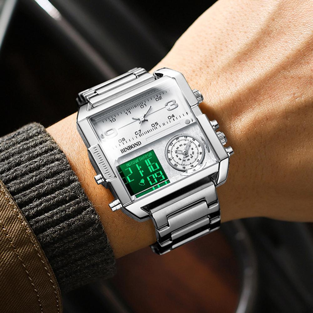 BINBOND Модные квадратные наручные часы с большим циферблатом, кварцевые часы с тремя дисплеями для мужчин, многофункциональные спортивные часы, мужские наручные часы