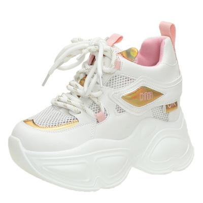 Модные женские повседневные туфли на высокой платформе, дышащие, летние, на шнуровке, массивные кроссовки, 10 см, танкетка, скрытые каблуки, весенняя обувь для отдыха для женщин