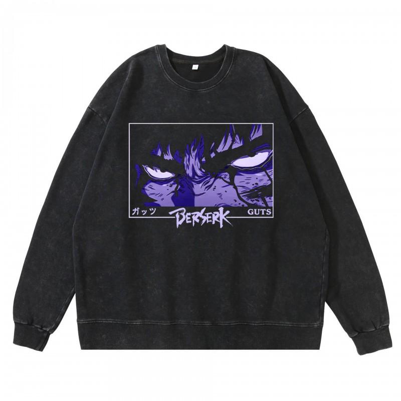 Heavyweight 360g Washed Vintage Berserk Anime Streetwear Cotton Pullover Hoodie Men