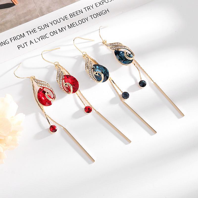 TikTok Live Temperament Peacock Phoenix Earrings - Blue Red Crystal Long Tassel