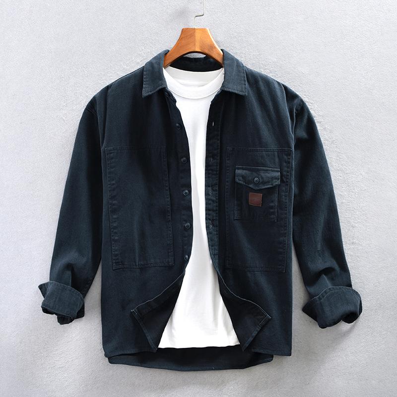 Рубашки-карго с длинным рукавом в японском стиле для мужчин, весна-осень, уличная свободная рубашка, 100% хлопок, рубашка на пуговицах, повседневная верхняя рубашка