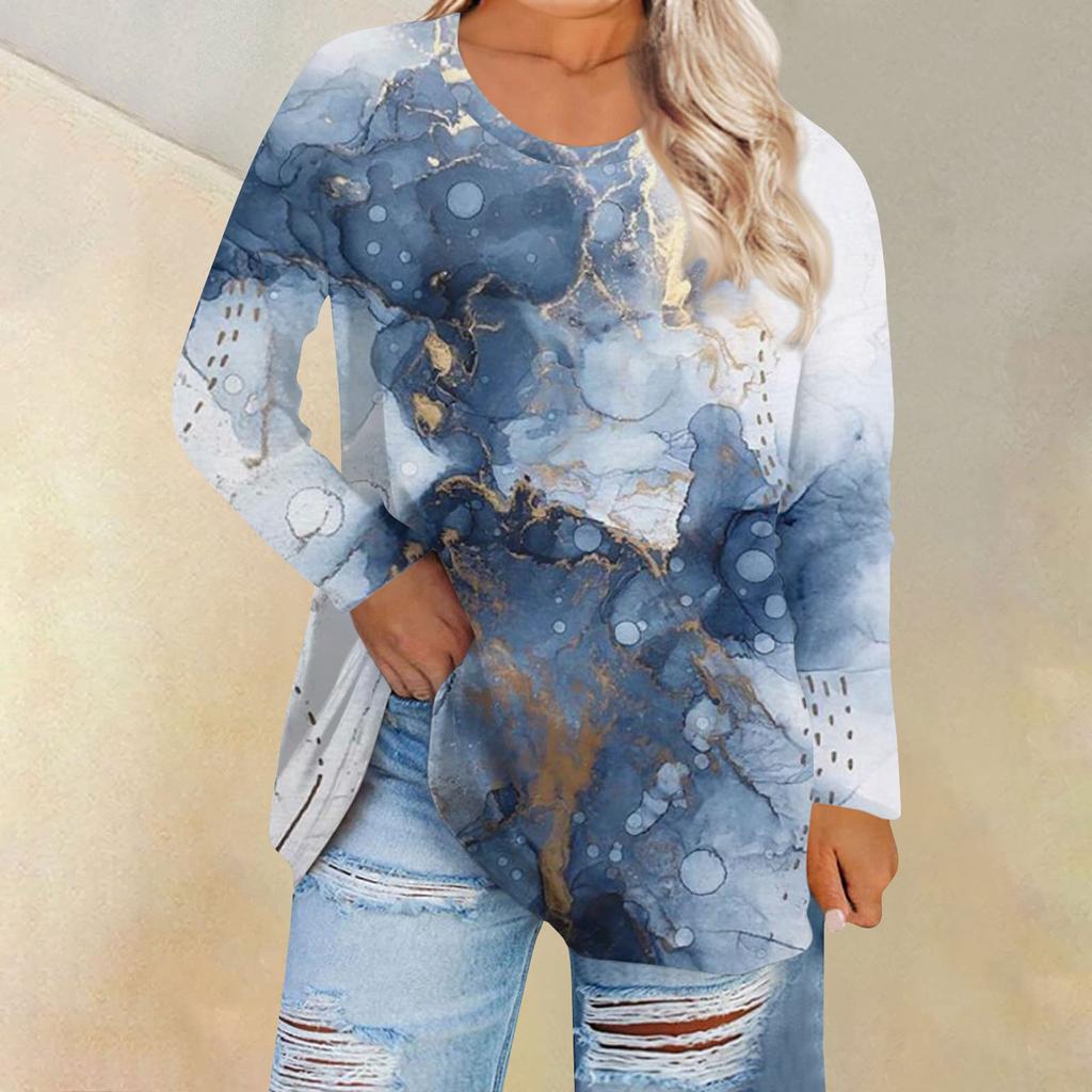 Женская свободная и удобная футболка с длинным рукавом и длинным рукавом с большим топом и принтом, повседневная