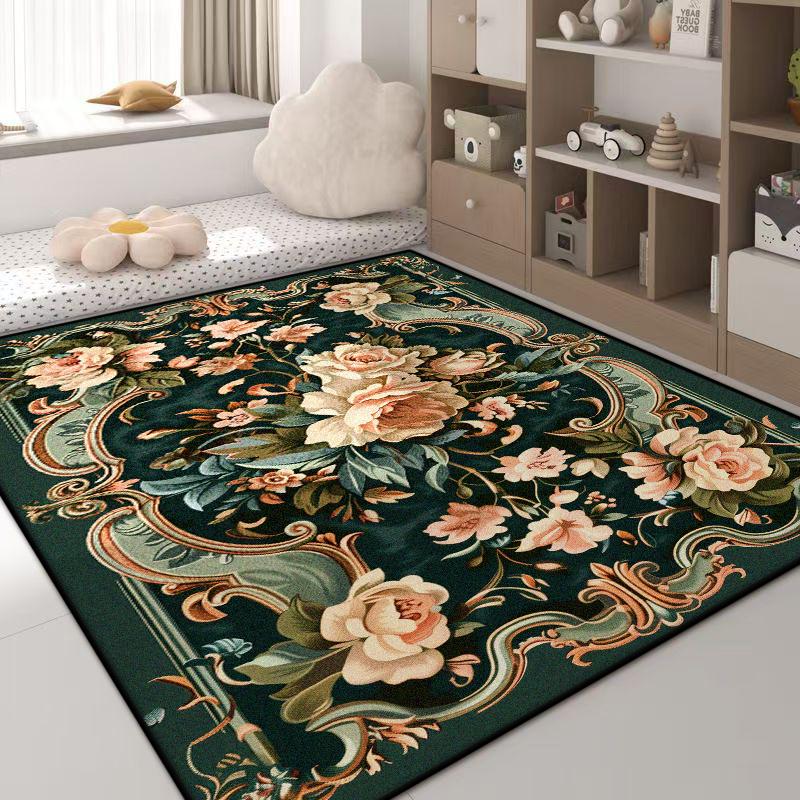 Luxury Green Carpet Flower Design Non-Slip Big Size Living Room Rug Golden Border European Tatami Mat Soft Bedroom Rugs Washable
