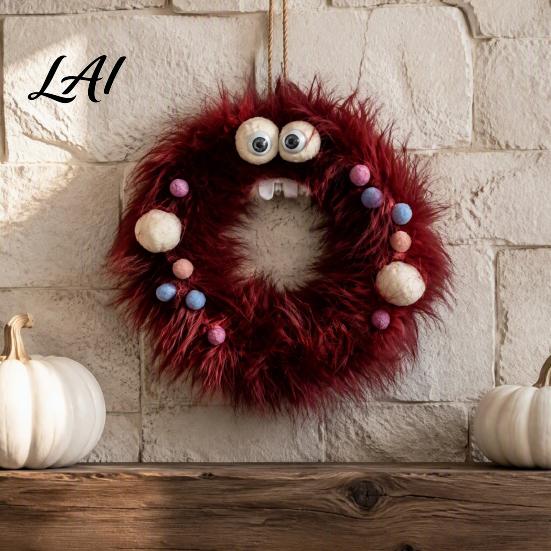 Halloween Wreath for Front Door Fluffy Door Cute Furry Spider Hanging Bat Cabin Props with Pom Poms Party Home Wall Fireplace Decor Fall Seasonal