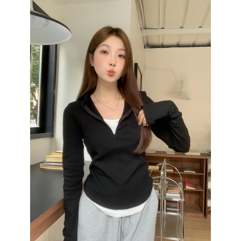 Весна Осень Поддельный Двойной Слой Приталенная Футболка Женская Длинный Рукав Повседневная Модная Универсальная Футболка Пуловер Топ
