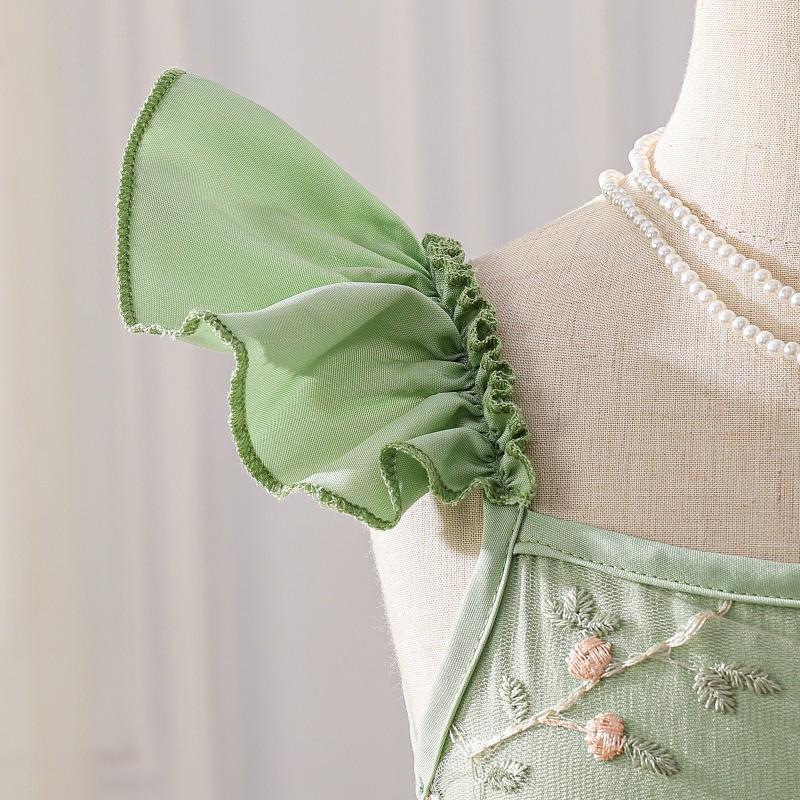Girls Green Rose Embroidered Tulle Dress Kids Short Sleeve Princess Birthday Party Performance Wear