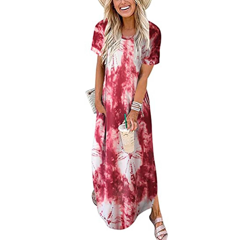 Women Casual Loose Solid Color Pocket Long Dress Sleeveless Split Maxi Dresses