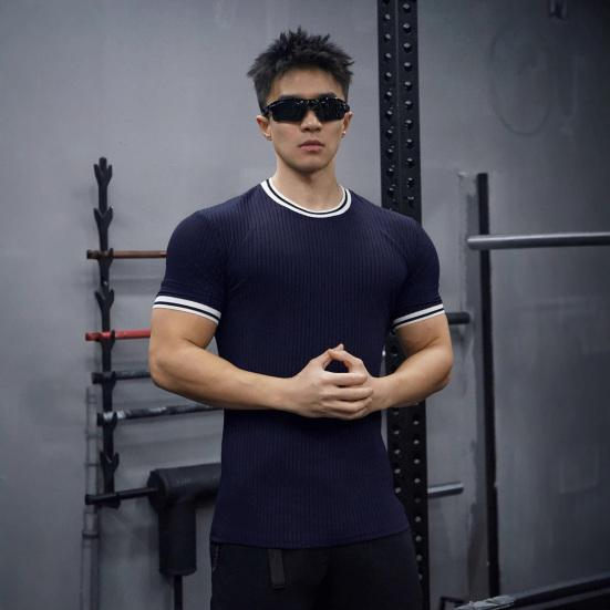 Men's Elastic Muscle T-Shirt Round Neck Short Sleeve Fitness Top Slim Fit Casual Running Tee for Sports Gym Outdoors