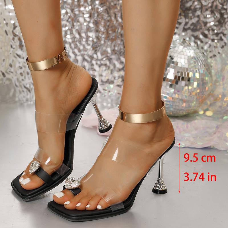 Модные золотые серебряные босоножки на очень высоком каблуке женские в форме сердца с кристаллами на клипсах туфли для вечеринок модные на тонком каблуке с квадратным носком ПВХ шлепанцы