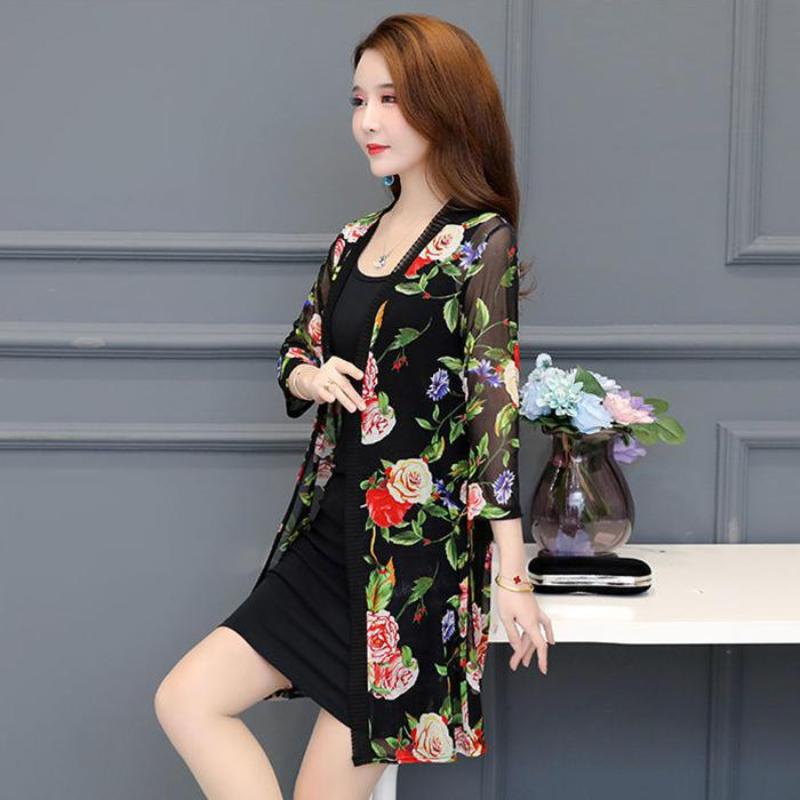 Spring and Summer Plus Size Women's Outer Lace Sunscreen Mid-length Mum Shawl Tops Comfortable and Versatile Net Yarn Cardigan Thin Coats EMA