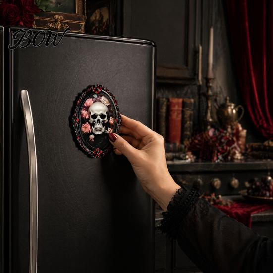 Halloween Skeleton Kitchen Accessories Gothic Refrigerator Magnet, Retro Oval Photo Frame Fridge Magnets, Distressed Festive Atmosphere Decor