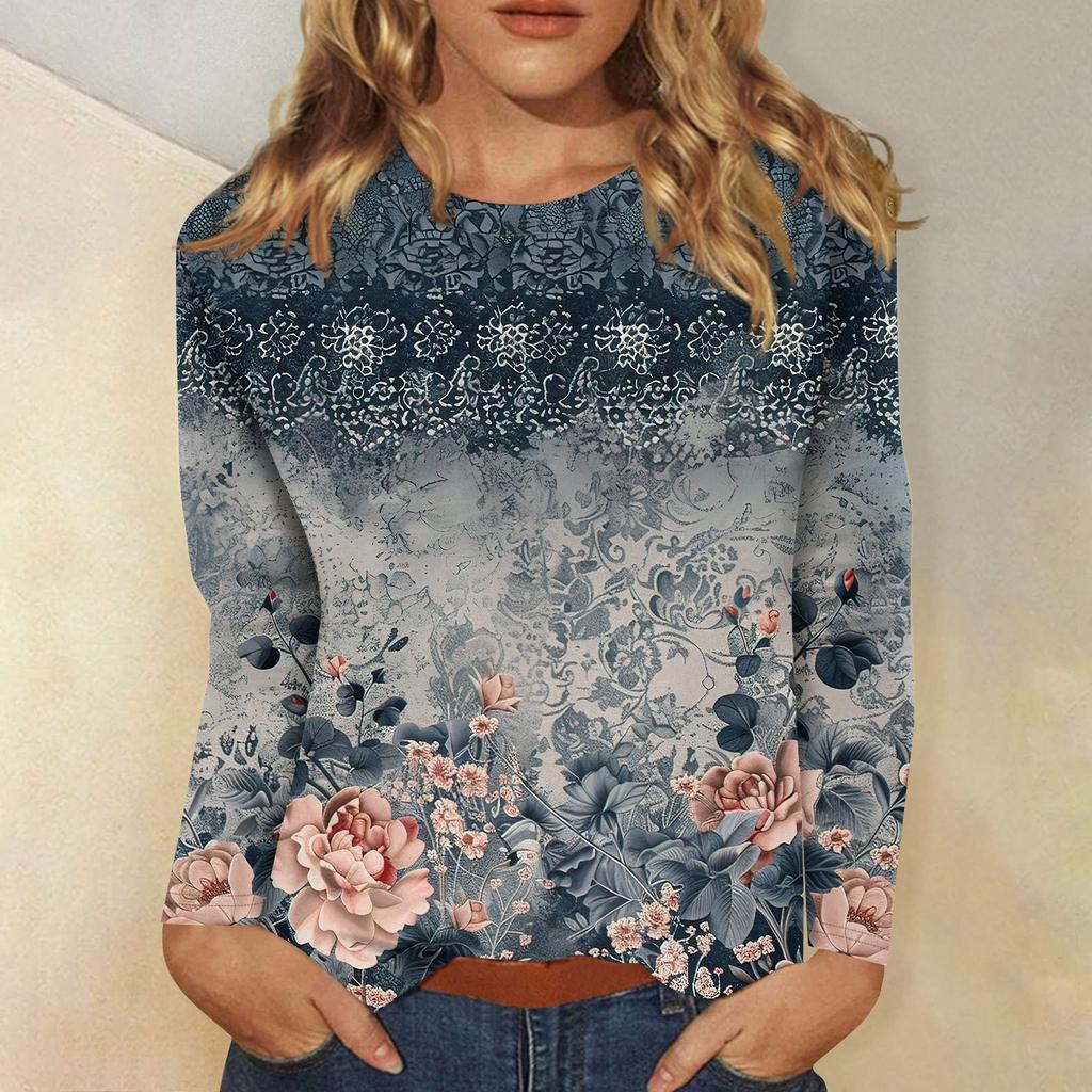 Женский модный повседневный пуловер с круглым вырезом и длинным рукавом с цветочным принтом